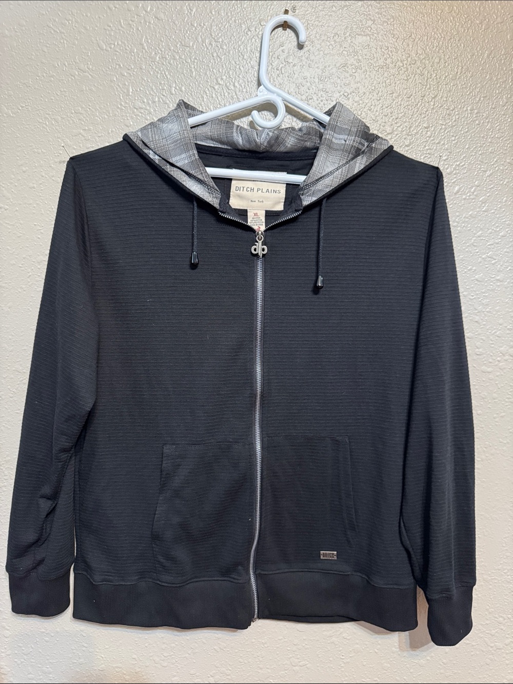 Ditch Plains Men’s Black Zip-Up Hoodie with Plaid-Lined Hood